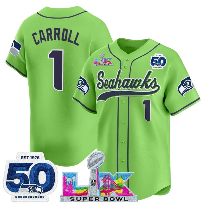 Men's Seattle Seahawks Super Bowl LX & United States 250th Anniversary Patch Vapor Baseball Jersey green #1 Pete Carroll