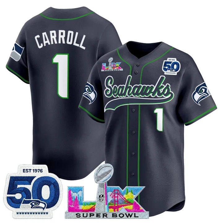Men's Seattle Seahawks Super Bowl LX & United States 250th Anniversary Patch Vapor Baseball Jersey navy #1 Pete Carroll