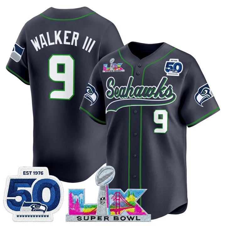 Men's Seattle Seahawks Super Bowl LX & United States 250th Anniversary Patch Vapor Baseball Jersey navy #9 Walker III
