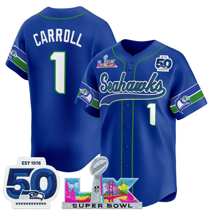 Men's Seattle Seahawks Super Bowl LX & United States 250th Anniversary Patch Vapor Baseball Jersey royal #1 Pete Carroll