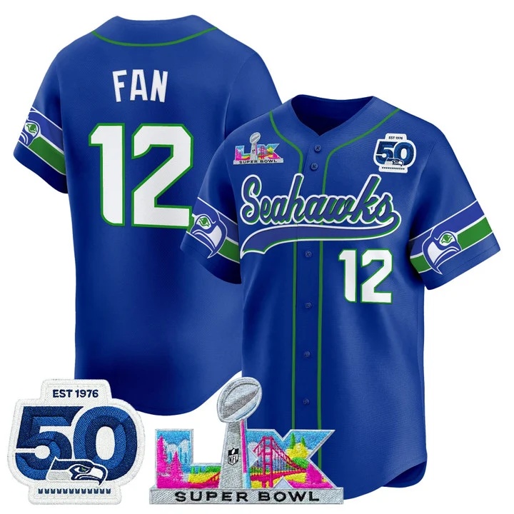 Men's Seattle Seahawks Super Bowl LX & United States 250th Anniversary Patch Vapor Baseball Jersey royal #12 Fan