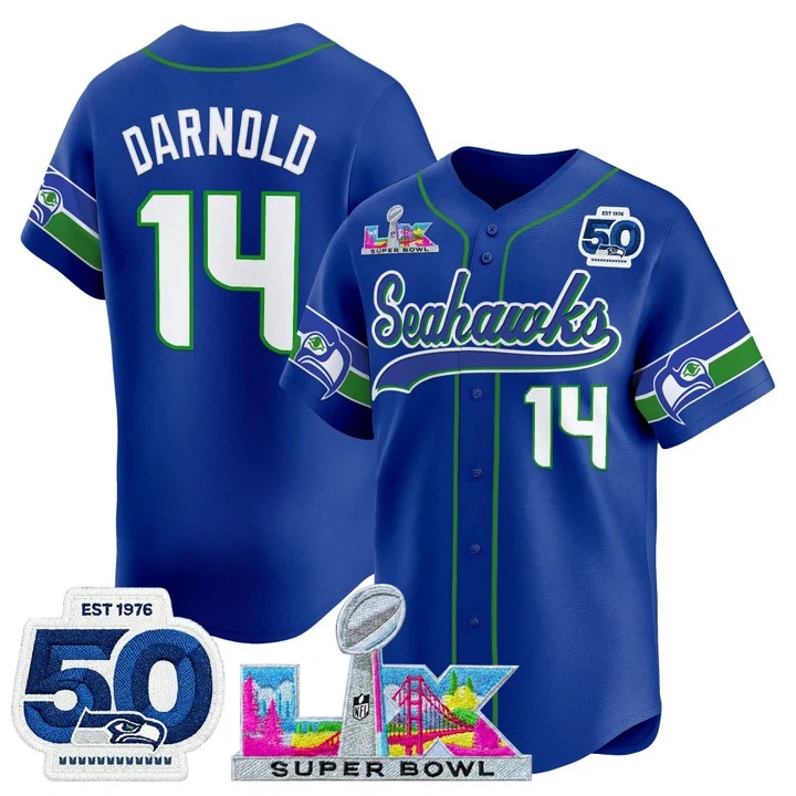 Men's Seattle Seahawks Super Bowl LX & United States 250th Anniversary Patch Vapor Baseball Jersey royal #14 Sam Darnold