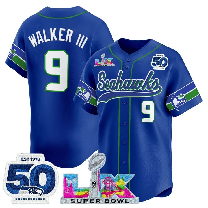 Men's Seattle Seahawks Super Bowl LX & United States 250th Anniversary Patch Vapor Baseball Jersey royal #9 Walker III
