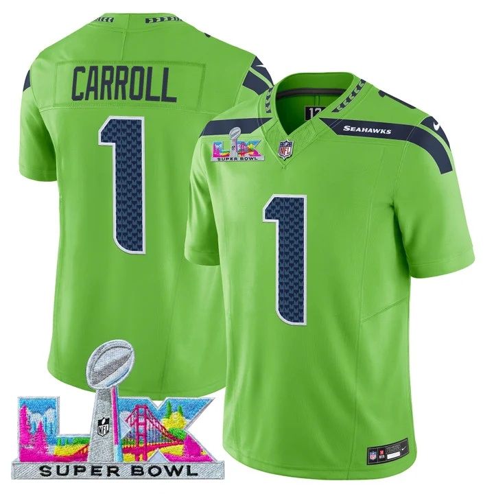 Men's Seattle Seahawks Super Bowl LX Vapor Limited Jersey GREEN#1 PETE CARROLL