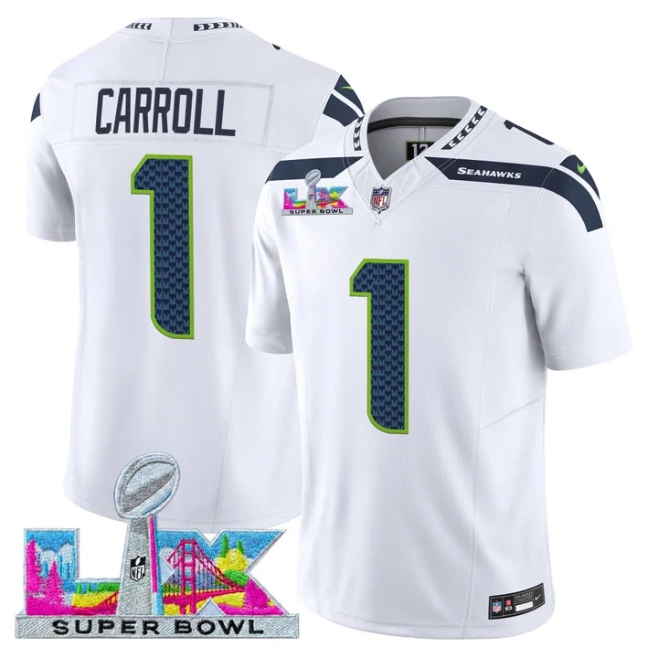 Men's Seattle Seahawks Super Bowl LX Vapor Limited Jersey WHITE#1  PETE CARROLL