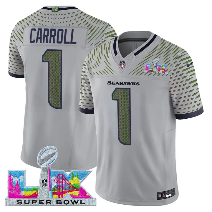 Men's Seattle Seahawks Super Bowl LX Vapor Limited Jersey WOLF GRAY#1 PETE CARROLL