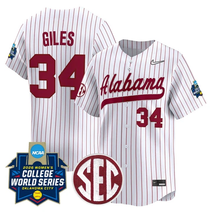 Men's Size - Alabama Softball 2026 World Series (WCWS) Vapor Premier Limited Jersey PINSTRIPE #34 MARLIE GILES