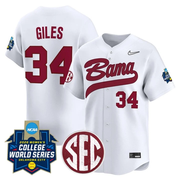 Men's Size - Alabama Softball 2026 World Series (WCWS) Vapor Premier Limited Jersey WHITE #34 MARLIE GILES