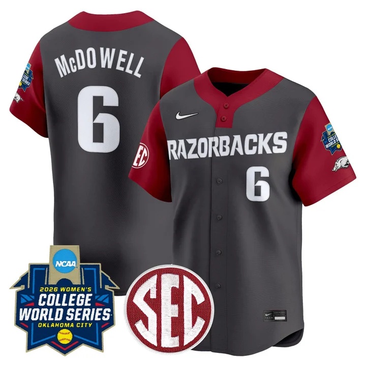 Men's Size - Arkansas Softball 2026 World Series (WCWS) Vapor Premier Limited Jersey gray #6 ELLA MCDOWELL