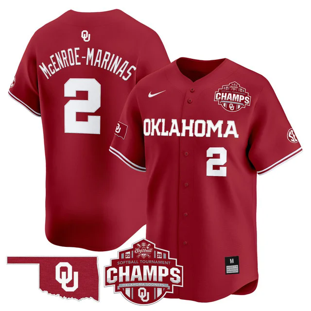 Men's Size - Oklahoma Sooners 2025 SEC Softball Champions Patch Vapor Jersey #2 MCENROE MARINAS.webp