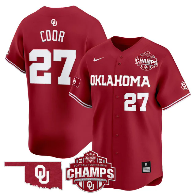 Men's Size - Oklahoma Sooners 2025 SEC Softball Champions Patch Vapor Jersey #27 HANNAH COOR.webp