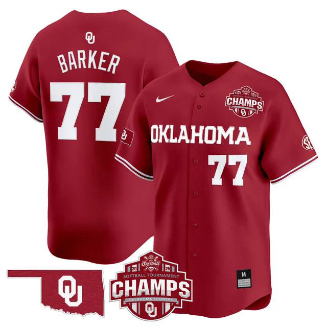 Men's Size - Oklahoma Sooners 2025 SEC Softball Champions Patch Vapor Jersey #77 SYDNEY BARKER.webp
