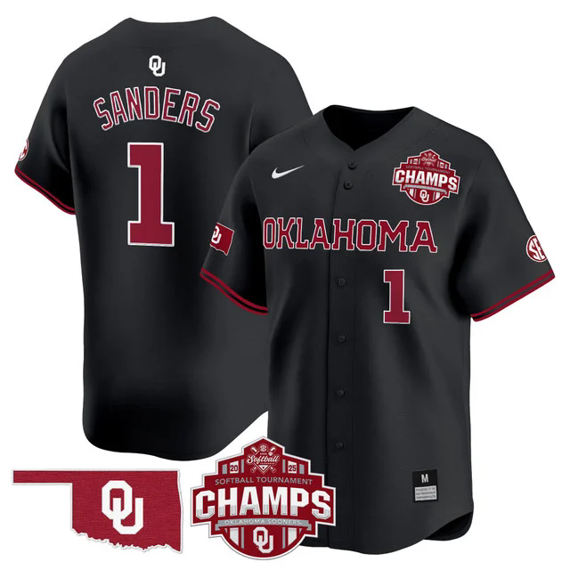 Men's Size - Oklahoma Sooners 2025 SEC Softball Champions Patch Vapor Jersey BLACK #1 CYDNEY SANDERS.webp
