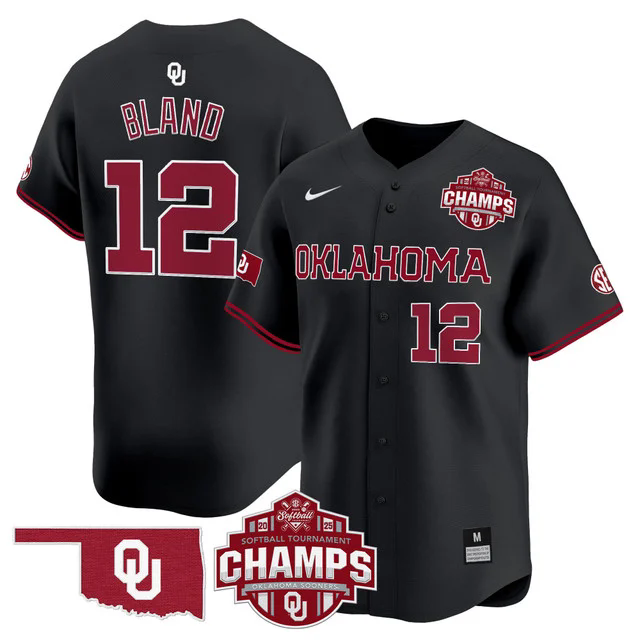 Men's Size - Oklahoma Sooners 2025 SEC Softball Champions Patch Vapor Jersey BLACK #12 MAYA BLAND.webp