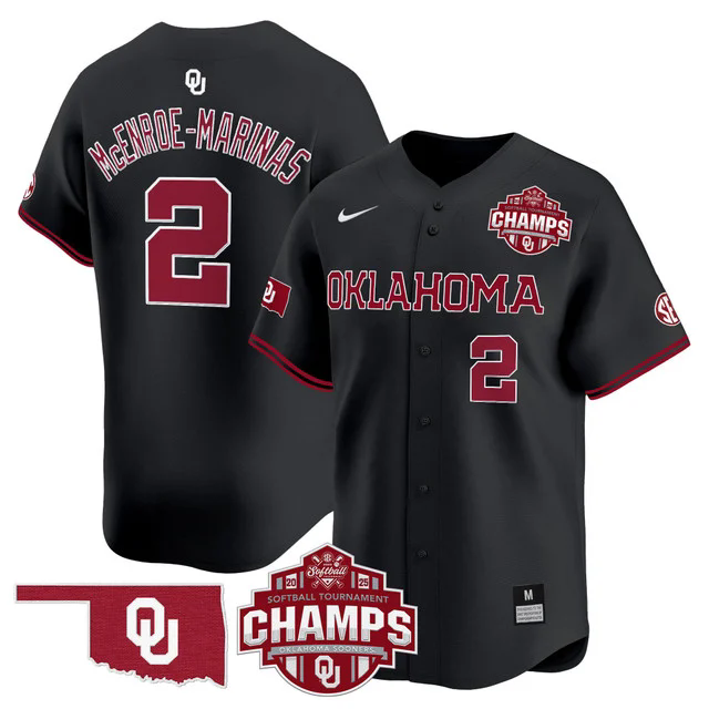 Men's Size - Oklahoma Sooners 2025 SEC Softball Champions Patch Vapor Jersey BLACK #2 MCENROE MARINAS.webp