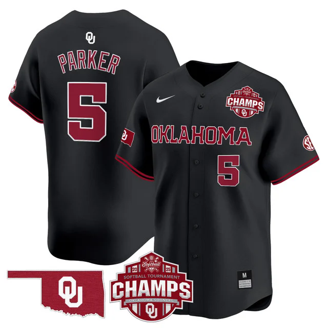 Men's Size - Oklahoma Sooners 2025 SEC Softball Champions Patch Vapor Jersey BLACK #5 ELLA PARKER.webp