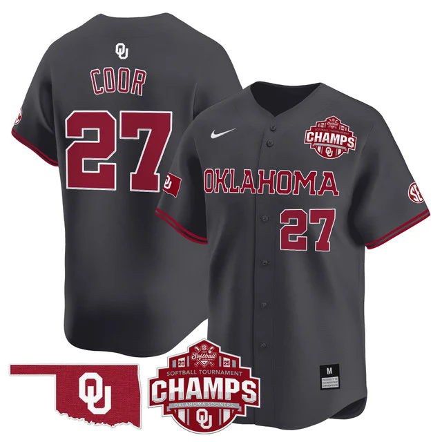 Men's Size - Oklahoma Sooners 2025 SEC Softball Champions Patch Vapor Jersey BROWN #27 HANNAH COOR.webp