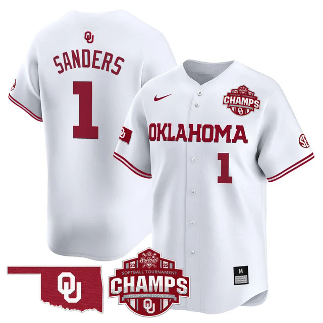 Men's Size - Oklahoma Sooners 2025 SEC Softball Champions Patch Vapor Jersey WHITE #1 CYDNEY SANDERS.webp