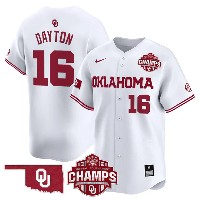Men's Size - Oklahoma Sooners 2025 SEC Softball Champions Patch Vapor Jersey WHITE #16 ABIGALE DAYTON.webp