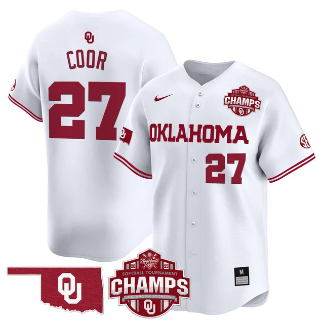 Men's Size - Oklahoma Sooners 2025 SEC Softball Champions Patch Vapor Jersey WHITE #27 HANNAH COOR.webp