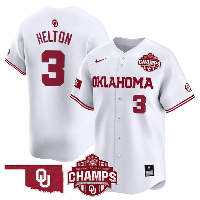 Men's Size - Oklahoma Sooners 2025 SEC Softball Champions Patch Vapor Jersey WHITE #3 CHANEY HELTON.webp