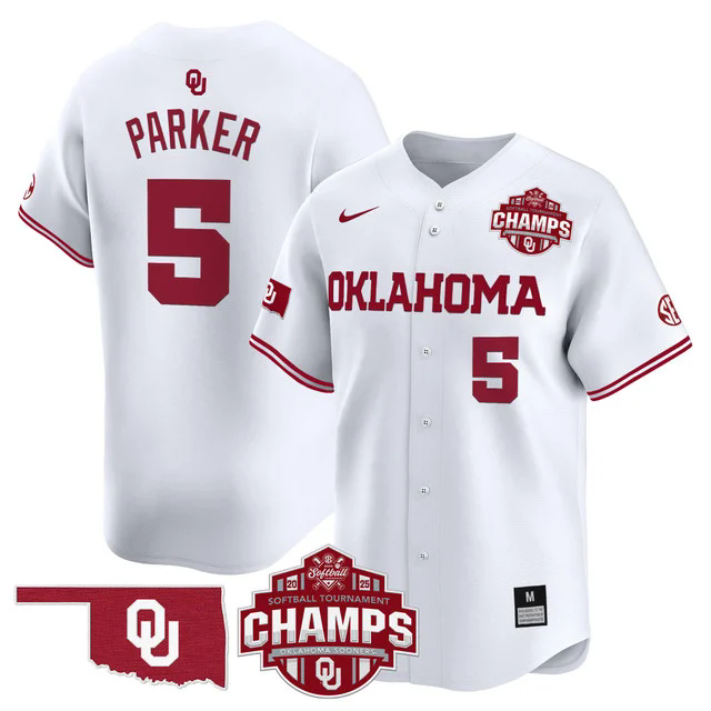 Men's Size - Oklahoma Sooners 2025 SEC Softball Champions Patch Vapor Jersey WHITE #5 ELLA PARKER.webp