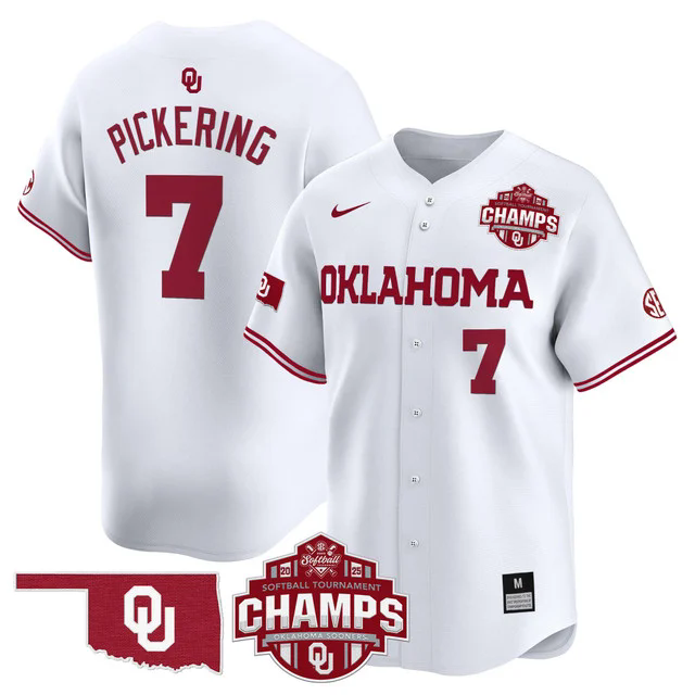 Men's Size - Oklahoma Sooners 2025 SEC Softball Champions Patch Vapor Jersey WHITE #7 KASIDI PICKERING.webp
