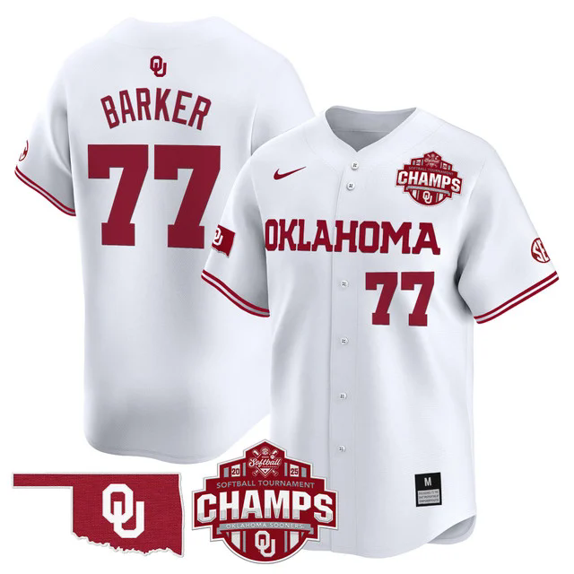 Men's Size - Oklahoma Sooners 2025 SEC Softball Champions Patch Vapor Jersey WHITE #77 SYDNEY BARKER.webp