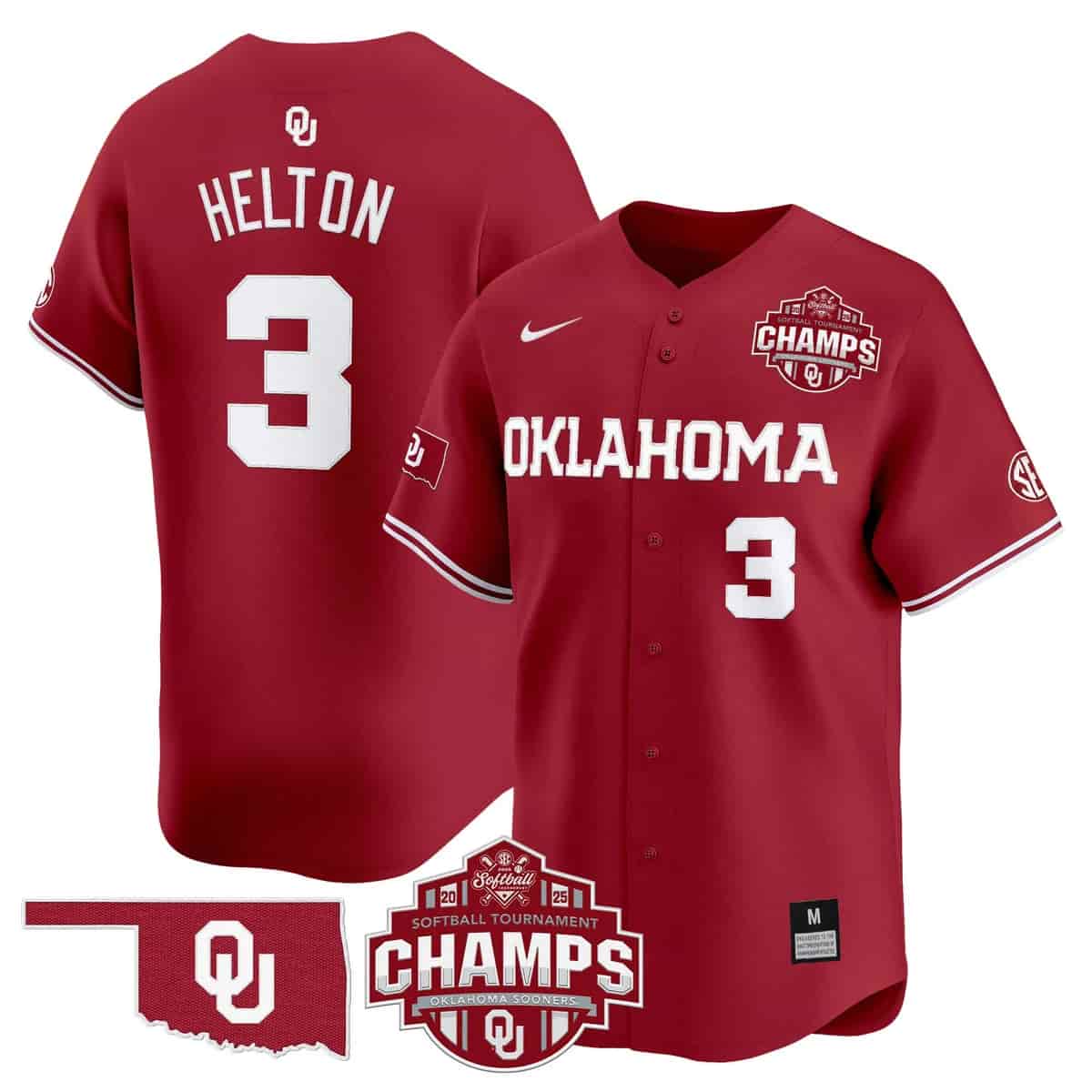 Men's Size - Oklahoma Sooners 2025 SEC Softball Conference Tournament Champions Patch Vapor Premier Limited Jersey - All Stitched Chaney Helton