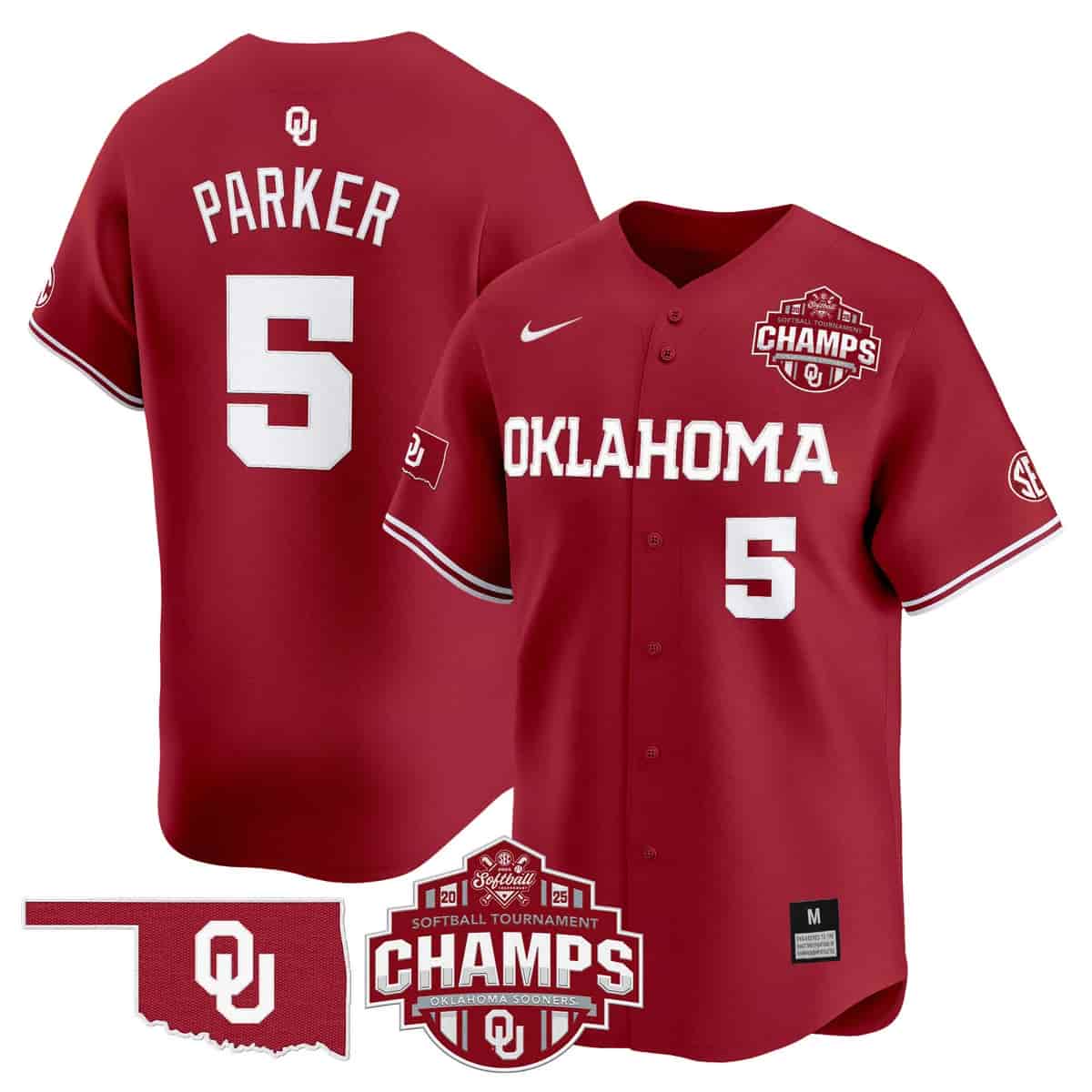 Men's Size - Oklahoma Sooners 2025 SEC Softball Conference Tournament Champions Patch Vapor Premier Limited Jersey - All Stitched Ella Parker
