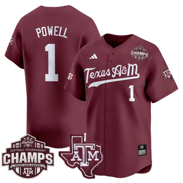Men's Size - Texas A&M Aggies 2025 SEC Softball  Champions Patch Vapor Jersey MAROON #1 KENNEDY POWELL.webp