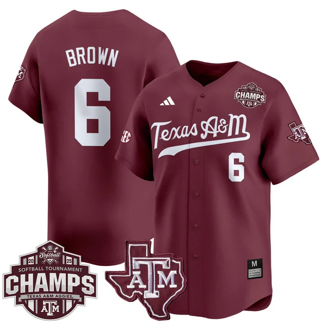 Men's Size - Texas A&M Aggies 2025 SEC Softball  Champions Patch Vapor Jersey MAROON #6 TAYLOR BROWN.webp