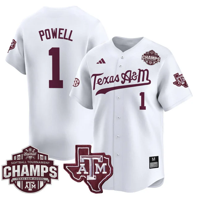 Men's Size - Texas A&M Aggies 2025 SEC Softball  Champions Patch Vapor Jersey WHITE #1 KENNEDY POWELL.webp