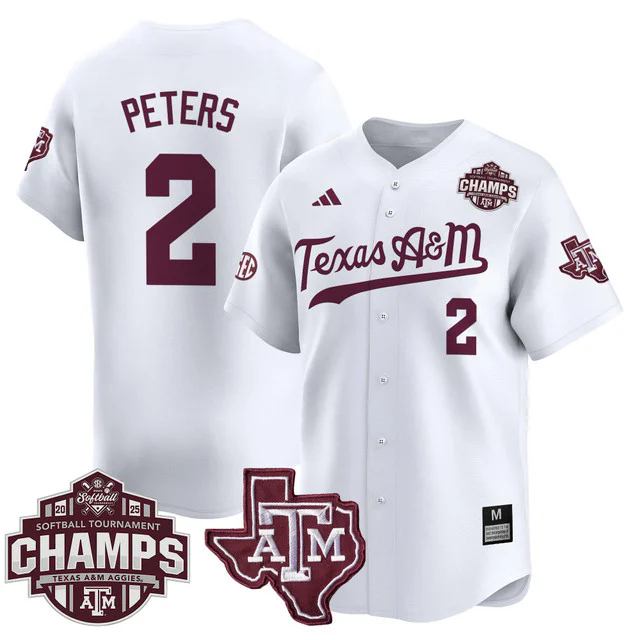 Men's Size - Texas A&M Aggies 2025 SEC Softball  Champions Patch Vapor Jersey WHITE #2 SIDNE PETERS.webp
