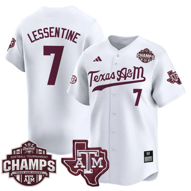 Men's Size - Texas A&M Aggies 2025 SEC Softball  Champions Patch Vapor Jersey WHITE #7 SYDNEY LESSENTINE.webp