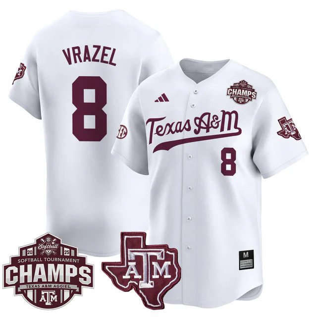 Men's Size - Texas A&M Aggies 2025 SEC Softball  Champions Patch Vapor Jersey WHITE #8 FRANKIE VRAZEL.webp