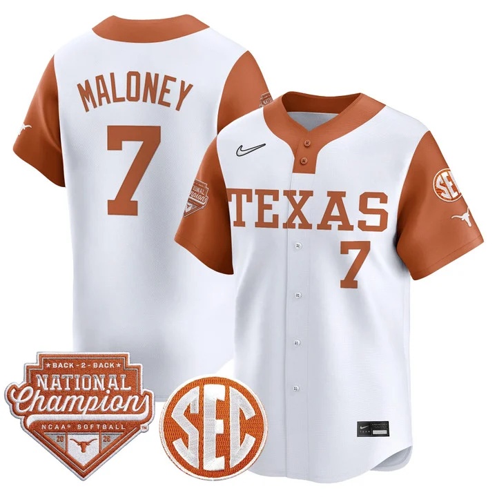 Men's Size - Texas Longhorns 2026 World Series (WCWS) Champions Vapor Premier Limited Jersey WHIE3 #7 ASHTON MALONEY
