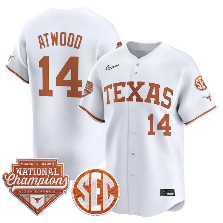 Men's Size - Texas Longhorns 2026 World Series (WCWS) Champions Vapor Premier Limited Jersey WHITE #14 REESE ATWOOD