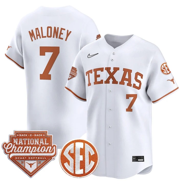 Men's Size - Texas Longhorns 2026 World Series (WCWS) Champions Vapor Premier Limited Jersey WHITE #7 ASHTON MALONEY