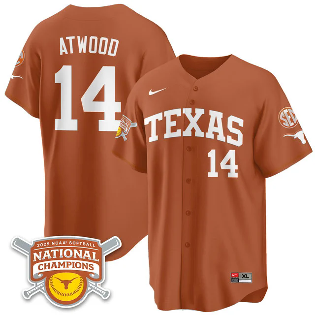 Men's Size - Texas Longhorns Softball 2025 World Series Champions Limited Jersey orange #14 reese atwood.webp