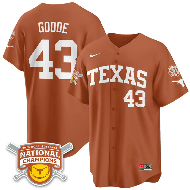 Men's Size - Texas Longhorns Softball 2025 World Series Champions Limited Jersey orange #43 leighann goode.webp