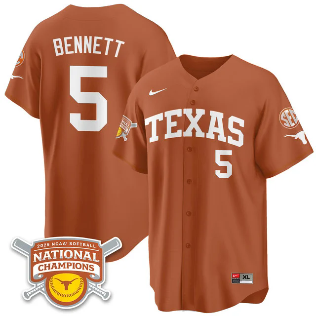 Men's Size - Texas Longhorns Softball 2025 World Series Champions Limited Jersey orange #5 kaydee bennett.webp