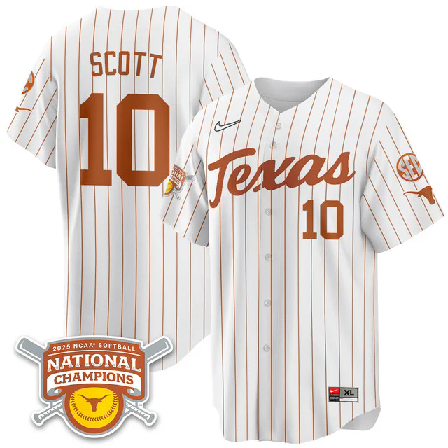Men's Size - Texas Longhorns Softball 2025 World Series Champions Limited Jersey pinstripe #10 mia scott.webp