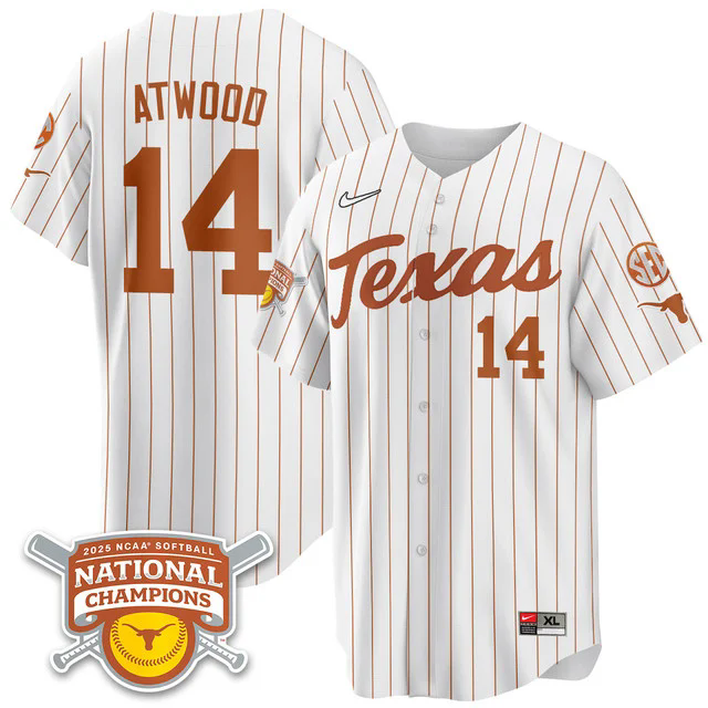 Men's Size - Texas Longhorns Softball 2025 World Series Champions Limited Jersey pinstripe #14 reese atwood.webp