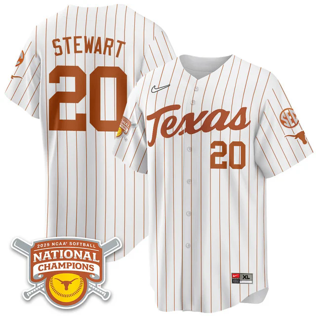Men's Size - Texas Longhorns Softball 2025 World Series Champions Limited Jersey pinstripe #20 katie stewart.webp