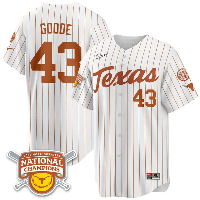 Men's Size - Texas Longhorns Softball 2025 World Series Champions Limited Jersey pinstripe #43 leighann goode.webp