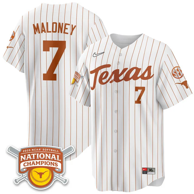 Men's Size - Texas Longhorns Softball 2025 World Series Champions Limited Jersey pinstripe #7 ashton maloney.webp