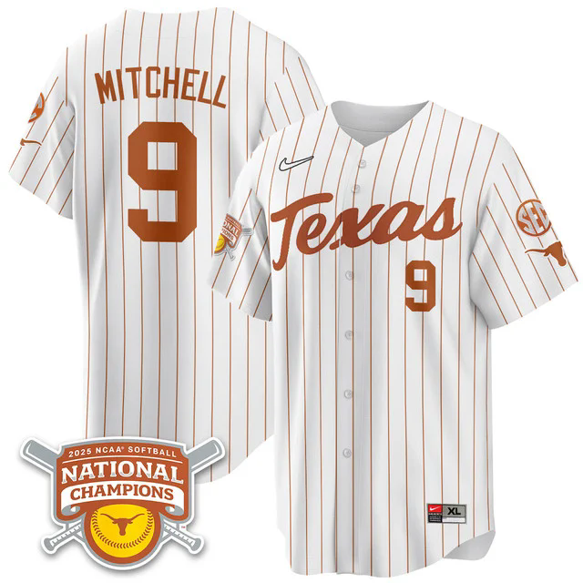 Men's Size - Texas Longhorns Softball 2025 World Series Champions Limited Jersey pinstripe #9 joley mitchell.webp