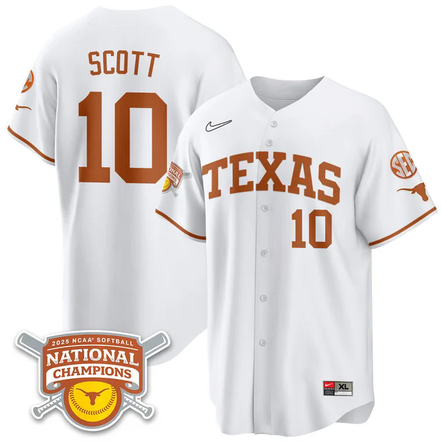 Men's Size - Texas Longhorns Softball 2025 World Series Champions Limited Jersey white #10 mia scott.webp