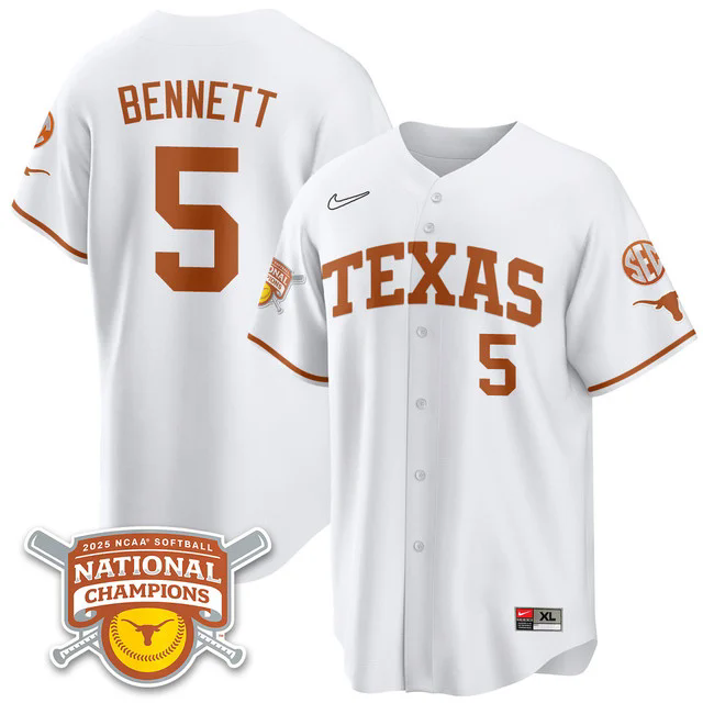 Men's Size - Texas Longhorns Softball 2025 World Series Champions Limited Jersey white #5 kaydee bennett.webp